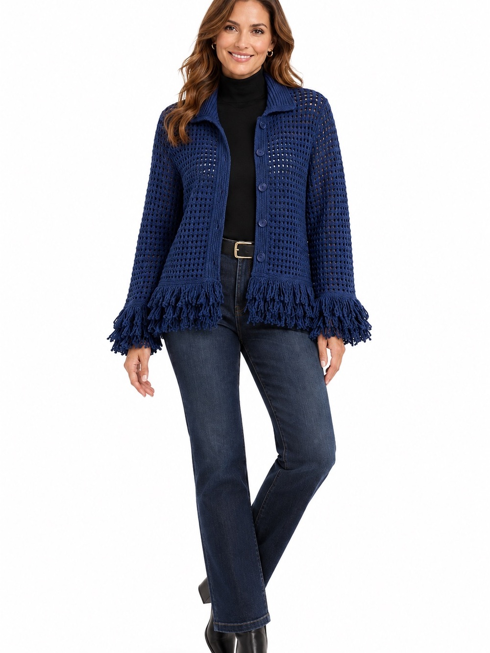 NEW Adrianna Papell Blue Moon Open Knit Fringe Cardigan Sweater Medium